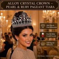 Couronne de Reine en Alliage Argenté avec Strass, Filigrane, Perles et Émeraudes – Diadème de Cérémonie pour Femme, Idéal pour Concours de Beauté
