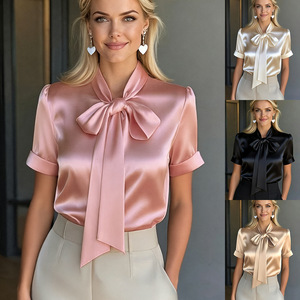 Blusa de Satén de Manga Corta para Mujer, Elegante con Lazo Decorativo, Tacto Suave de Seda, Camisa Casual Femenina - Product Image 5
