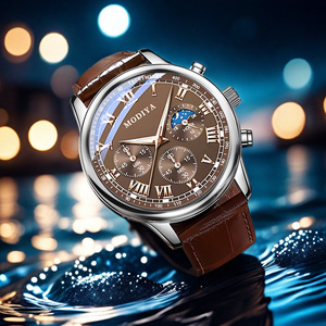 Montre à quartz Modiya pour homme, chronographe analogique, phase de lune, tachymètre, date, boîtier en acier inoxydable, bracelet en cuir noir, été 2024 - Product Image 3