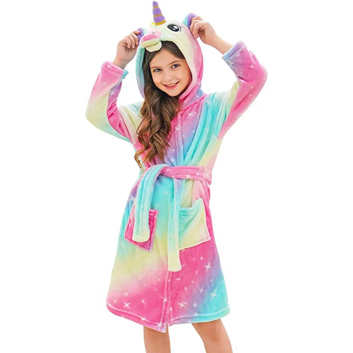 OEM Wholesale Girls & Kids Robe Kids Bathrobes Soft Plush Fleece Pajamas Sleepwear 100%Cotton with Waist Belt & Hooded Customize