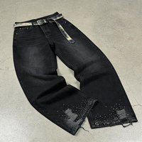 Jeans pour hommes personnalisés avec broderie de patchs usés, lavage à l'acide, impression DTG, rivets, denim, strass, style Y2k