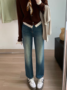 بنطلون جينز فضفاض للنساء من يوانبويفي بخصر عالٍ وساق مستقيمة، ضيق ولكن غير ضاغط، لون أزرق داكن، تصميم بسيط وعصري - Product Image 2