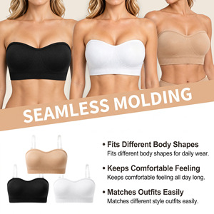Soutien-gorge sans couture sans armatures pour femme, coupe pleine, sans bretelles, dos nu, couleur unie, en tricot de Spandex et Nylon, avec coussinets amovibles - Product Image 2