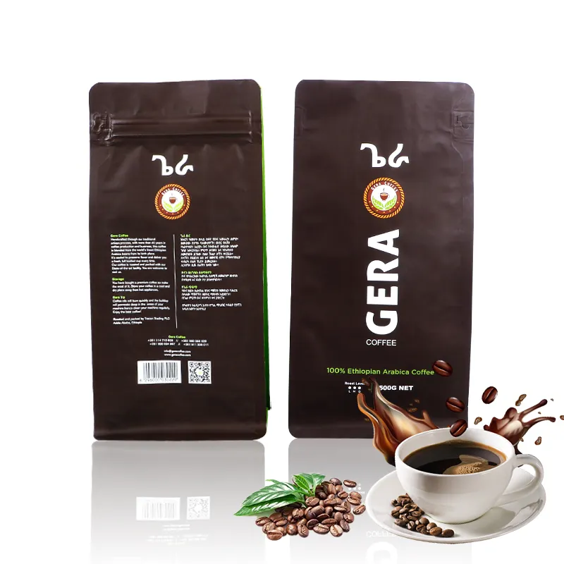 Bolsas de café con cierre inferior plano, 16oz, para comida, café, té, con válvula y cremallera