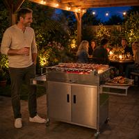 Chariot de barbecue commercial en acier inoxydable avec armoire intégrée et réglage de la hauteur par manivelle, pour fumoir à charbon