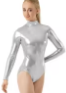 Justaucorps de danse à col roulé en métallisé argenté brillant à manches longues pour femmes, combinaison de gymnastique extensible, costume de scène