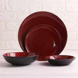 Matte Knochen Keramik roter Rand Korallen fisch Teller Geschirr Set schwarz rot Ramen Schüssel Sets schwarz und rot Rühr schüsseln