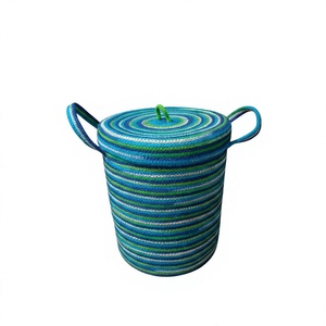 Colorful striped Jute woven basket <b>Lid</b> and handles storage Bohemian style fabric <b>bin</b> Sundries organizer Made In Bangladesh - Product Image 1
