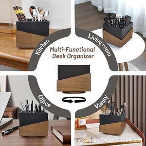 Wooden Rotating Storage <b>Box</b> Square Desktop Organizer With Partitions For Pens Cosmetics <b>Makeup</b> Holder Large Capacity - Product Image 3