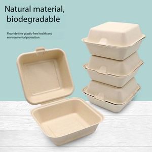 Caja Ecológica Biodegradable Desechable de Pulpa de Bambú, Tipo Concha, de 6 Pulgadas, Natural/Blanca, para Alimentos - Product Image 4