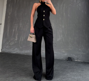 Completo Casual da Donna con Top Senza Maniche a Collo Alto e Pantaloni a Vita Alta - Product Image 4