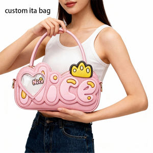 Sac à bandoulière Ita personnalisé rose, en cuir PU, avec fenêtre transparente en forme de cœur, style Y2K, avec breloque couronne mignonne, pour adolescents, vente en gros - Product Image 1