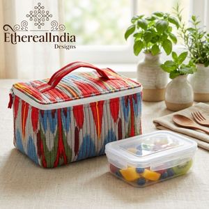 Sac à déjeuner matelassé en Ikat écologique à deux sangles, organiseur alimentaire en coton, étui de transport zippé, sac de rangement pour collations de voyage - Product Image 5