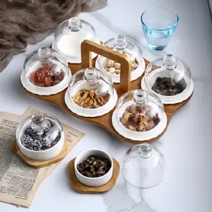 La migliore vendita scatola di frutta secca in ceramica con coperchio griglia divisa vassoio di frutta base in legno di bambù nordico coperchio in vetro scatola di immagazzinaggio di noci di frutta