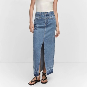 Jupes longues en jean pour femmes, coupe décontractée, bleu délavé, ourlet vieilli, fente avant, qualité supérieure, personnalisables, vente en gros - Product Image 3