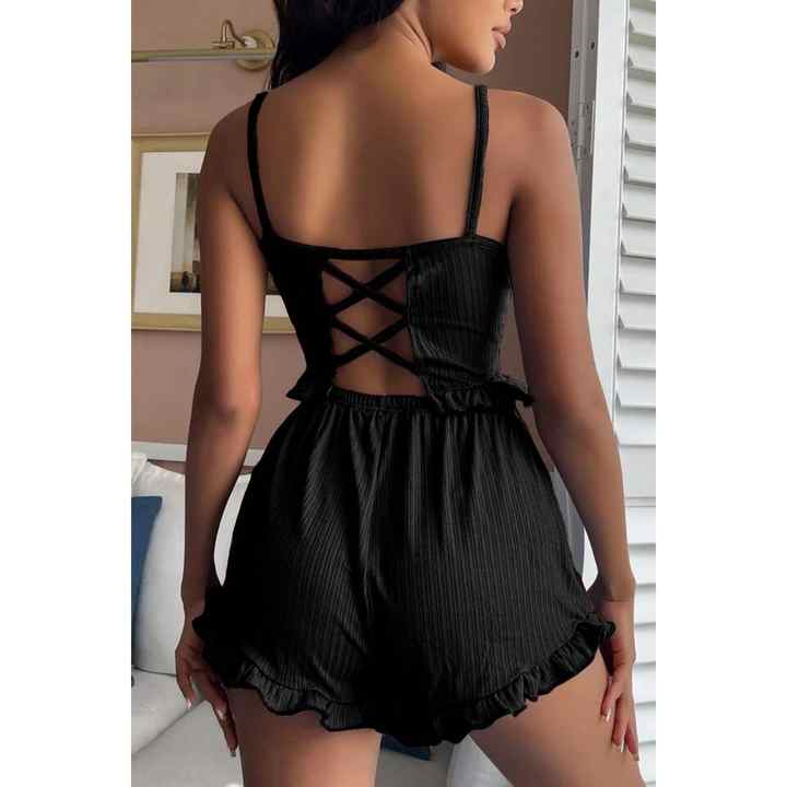 Bella Notte Viscose Black Cross Rope Detailed Stylish Shorts Suit 7514