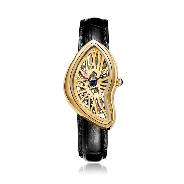 Vintage Y2K Gold Skeleton Abstract Distorted Curved Quartz Watch Leather Strap Waterproof Custom Twist Crash Melted Watch