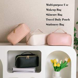 Customized Organizer Beauty Pouch Pu Leather Open <b>Flat</b> Cosmetic <b>Pillow</b> Makeup Storage Travel Toiletry Bag With Gold Zipper - Product Image 4