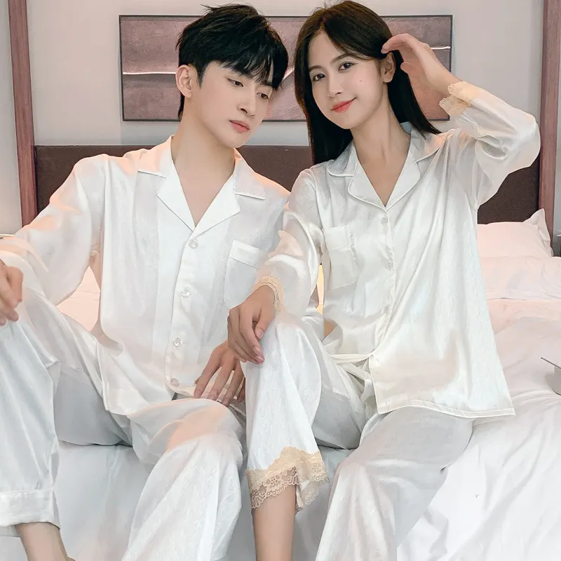Wholesale Beautiful White Long Sleeve Soft Couple Sleepwear Leisure Silk Sleepwear