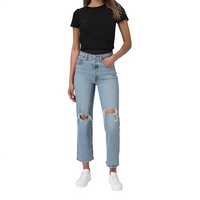 Jean délavé clair pour femme, taille haute, coupe droite, en denim, décontracté, pour l'été