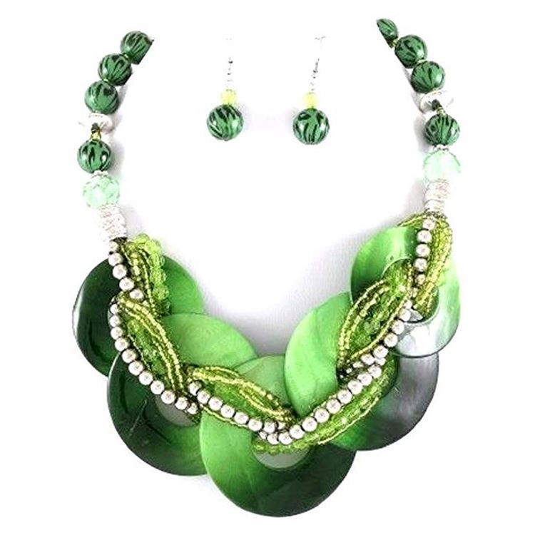 Chunky Déclaration Vert Coquille D'ormeau Mèche Tressée Argent Perles Collier Boucles D'oreilles Ensemble De Bijoux