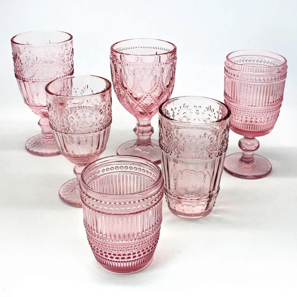 Langxu गुलाबी रंग से उभरा विंटेज शादी के रंगीन वाइन चश्मा पीने वाले गोब्लेट क्रिस्टल रेड वाइन ग्लास