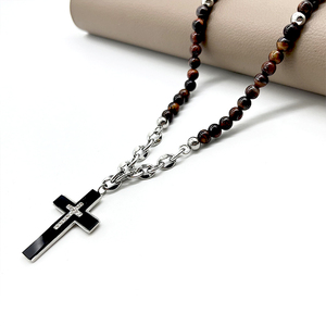 Fatingna Kreuz und Perlen Stein Tigerauge Perlen Rosenkranz Halskette Edelstahl Naturstein Perlen Lange Halsketten für Männer - Product Image 1