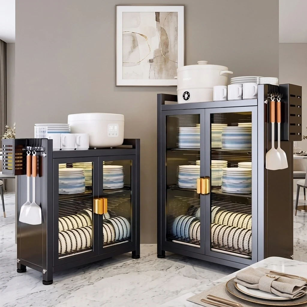 Large Capacity Three-layer Modern Kitchen Storage Cabinet Bowls Dishes Storage Shelf Dustproof Durable Carbon Steel Cupboard · image 2