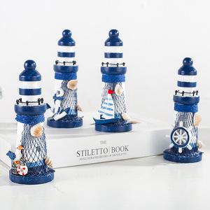Décoration de phare en bois en gros, statue de phare avec filet de pêche, coquillage, ancre, roue de bateau, mini voilier, ornement de table - Product Image 2