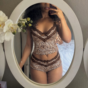 Vintage Leopard Print Lace Butterfly Women's Loungewear <b>Set</b> Spaghetti Strap Cami Top + Low Rise Shorts Breathable Eco-Friendly - Product Image 2