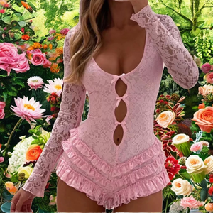 <span class=keywords><strong>Mono</strong></span> de encaje femenino con lazo, manga larga, corte recortado, cintura alta y pantalón de pierna ancha, elegante para invitadas de boda - Product Image 2