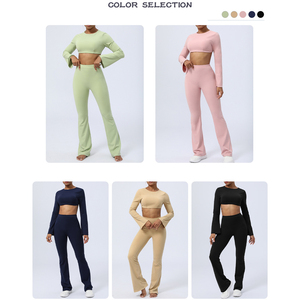 Ropa Deportiva Mujer 2023 Tenue De Sport <span class=keywords><strong>Femme</strong></span> <span class=keywords><strong>Fitness</strong></span> vêtements de sport dos nu haut court pantalon évasé entraînement Yoga ensembles <span class=keywords><strong>Fitness</strong></span> femmes - Product Image 2