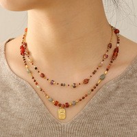 Collier Perlé Fait Main Tendance en Pierre Œil de Tigre, Pierre Tachetée et Agate Rouge avec Pendentif Soleil