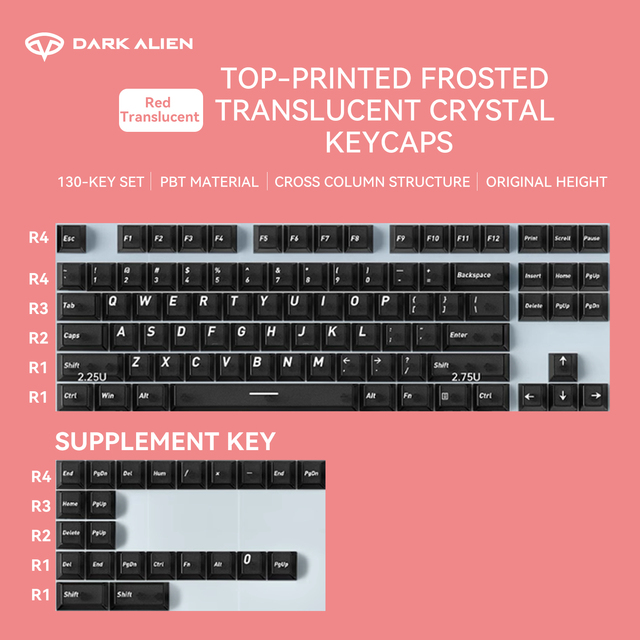DARK ALIEN OEM/ODM Custom 130-Key PBT Material Keycap Cherry Profile Frosted Black Transparent Crystal Semi-Transparent for