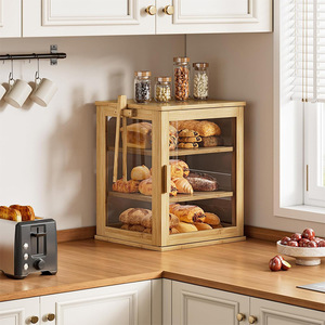 Boîte à pain en bambou pour coin de cuisine, rangement sur comptoir avec panneau acrylique et porte magnétique, grande capacité, double couche - Product Image 4