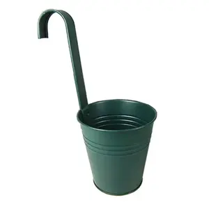 Matte Dark Green Long Hook Metal Hanging Flower Pot Fence Planters Bucket
