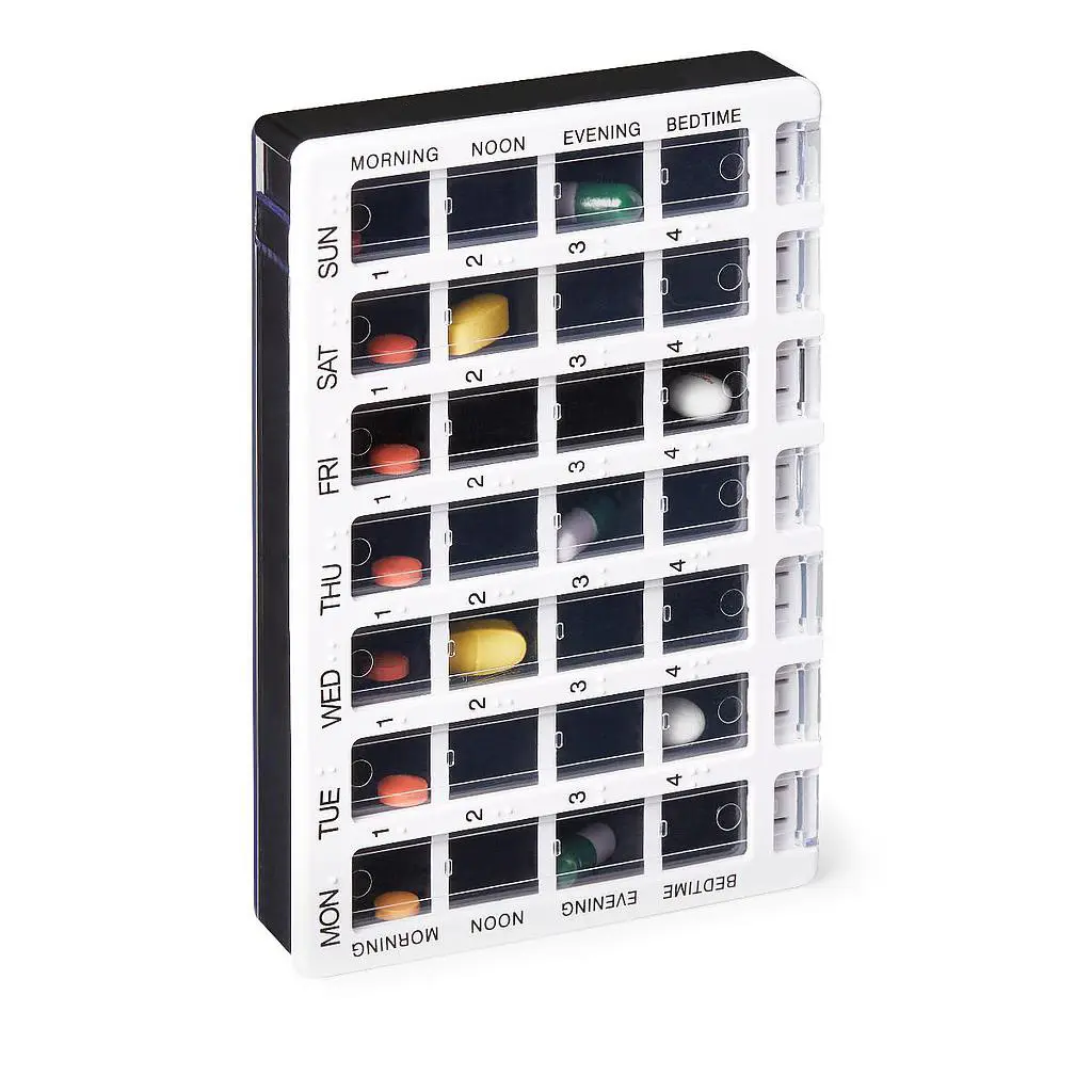 Boîte à médicaments en plastique écologique à 28 compartiments de conception moderne ABS + étui à pilules en matériau AS dans des couleurs assorties