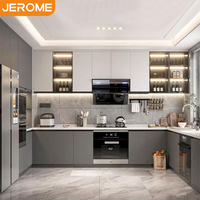 Nouvelle conception de cuisine modulaire en forme de U, gris foncé et blanc, deux tons, finition mate, avec plan de travail en pierre de quartz artificielle