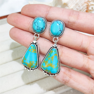 Stile occidentale Retro Cowgirl <span class=keywords><strong>orecchini</strong></span> pendenti forma forma triangolo ovale turchese <span class=keywords><strong>orecchini</strong></span> in <span class=keywords><strong>argento</strong></span> antico regali di cristallo per la signora - Product Image 2