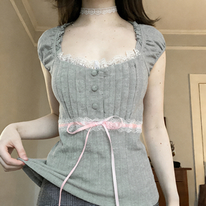 เสื้อยืดแขนสั้นผู้หญิง Y2K แต่งลูกไม้ตัดต่อ คอเหลี่ยม ติดกระดุมด้านหน้า ทรงเข้ารูป ผูกเอว สำหรับฤดูร้อน ขายส่ง - Product Image 4