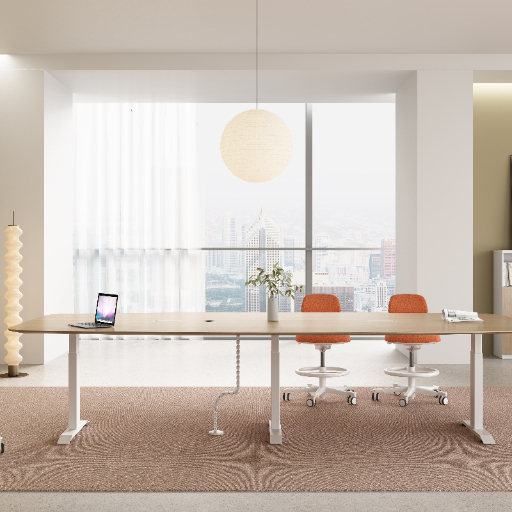 Modern Adjustable Height Conference Table with Cable Management, Wood Veneer Meeting Desk for Commercial Office