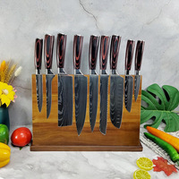 Ensemble de 10 couteaux de cuisine à motif laser Damas, manches en bois coloré, couteaux polyvalents pour trancher, couper, découper la viande, le pain, couteau de chef personnalisé