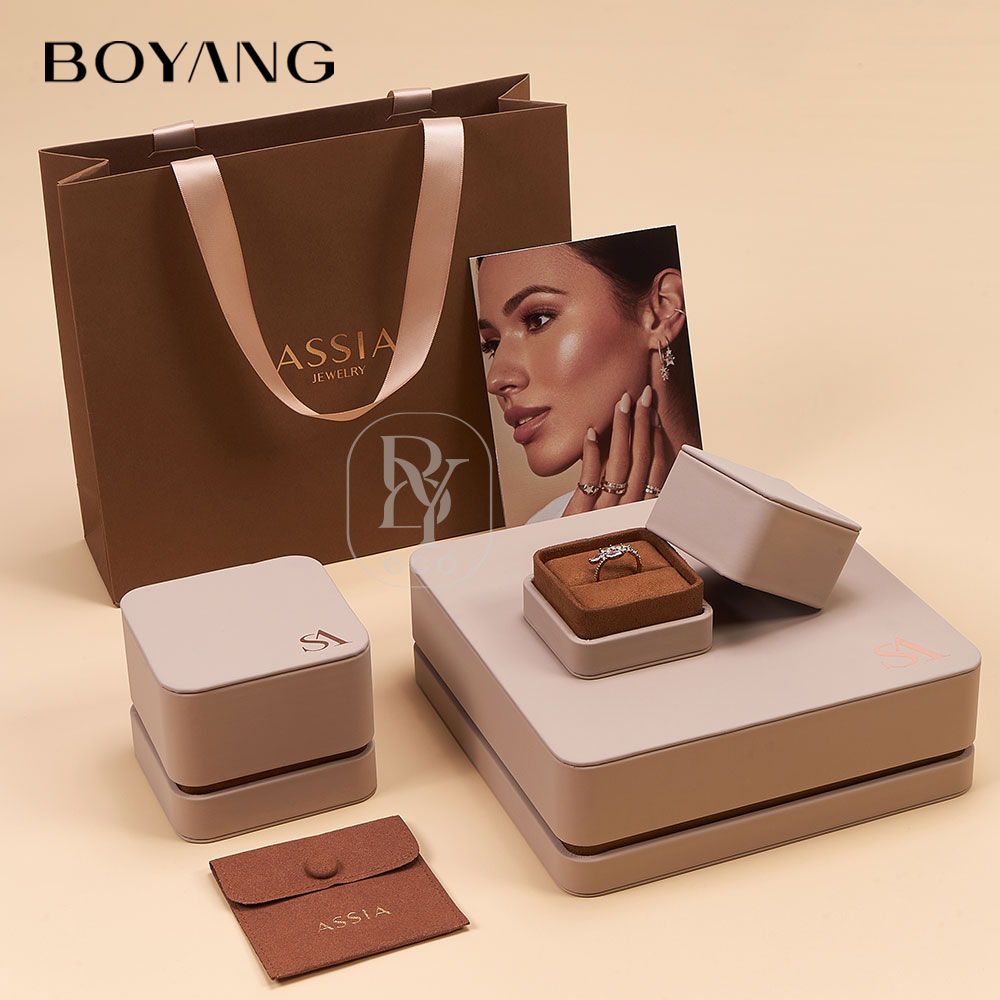 Boyang - Conjunto de caixa de joias de couro luxuosa para presente, com tampa e base personalizada, colar com anel e embalagem para presente, novo design