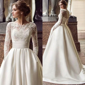 Vestido <span class=keywords><strong>de</strong></span> Novia <span class=keywords><strong>de</strong></span> <span class=keywords><strong>Manga</strong></span> <span class=keywords><strong>Larga</strong></span> con Cuello Alto, Nuevo, al por Mayor, <span class=keywords><strong>de</strong></span> Encaje y Satén, Ajustado, Elegante y <span class=keywords><strong>de</strong></span> Lujo, Bordado - Product Image 2