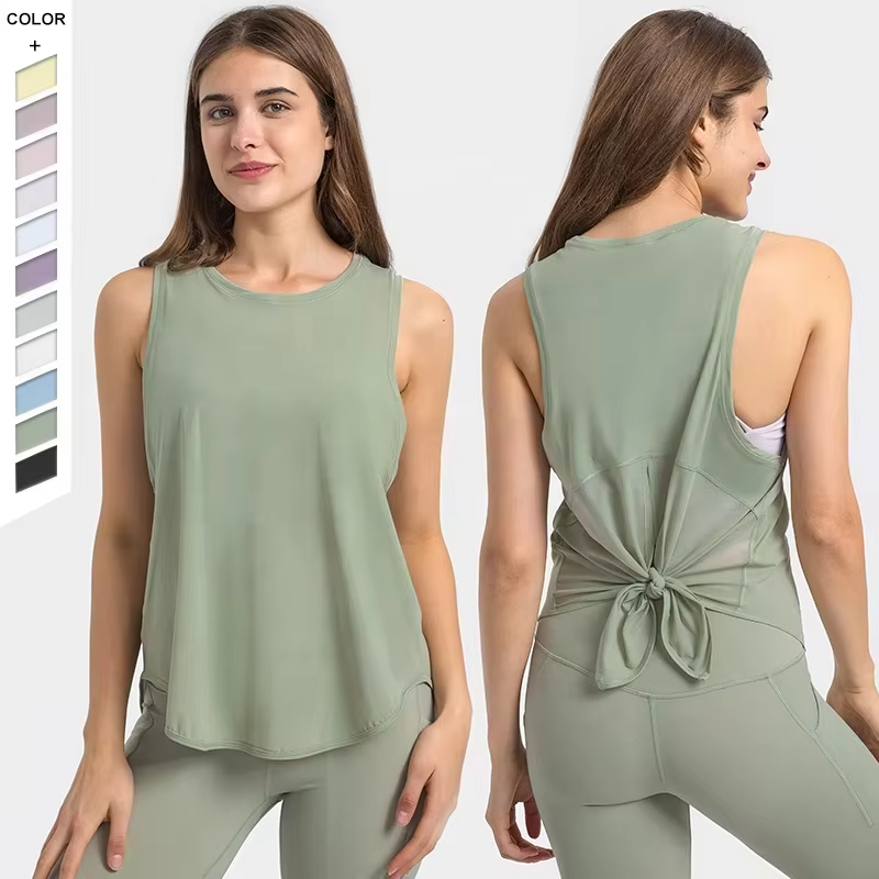 High Quality Nude Feeling Yoga Vest Fitness Training Vest Loose Bow Knot Spandex Material Print Pattern Running Female Tank Tops