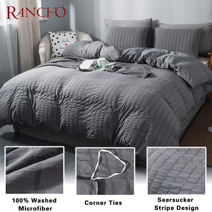 Set copripiumino Seersucker Queen Size 3 pezzi copripiumino strutturato in microfibra lavato Ultra morbido <span class=keywords><strong>grigio</strong></span> scuro con chiusura a cerniera - Product Image 2
