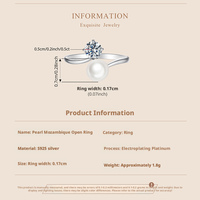 Bague ajustable en argent sterling S925 avec double pierre de moissanite VVS GRA de 0,5 carat taille ronde et perle pour femme