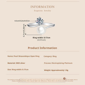 <span class=keywords><strong>Anelli</strong></span> in <span class=keywords><strong>Argento</strong></span> Sterling S925 Regolabili con Doppia Pietra Rotonda Taglio Moissanite 0.5CT VVS GRA e Perla per Donne 12/15 - Product Image 6