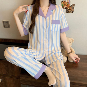 Piyama Cardigan Wanita Berkerah Kancing 2pcs Set Cerep Motif Kartun Kasual Lengan Pendek Bahan Tipis Baju Tidur Rumah - Product Image 1