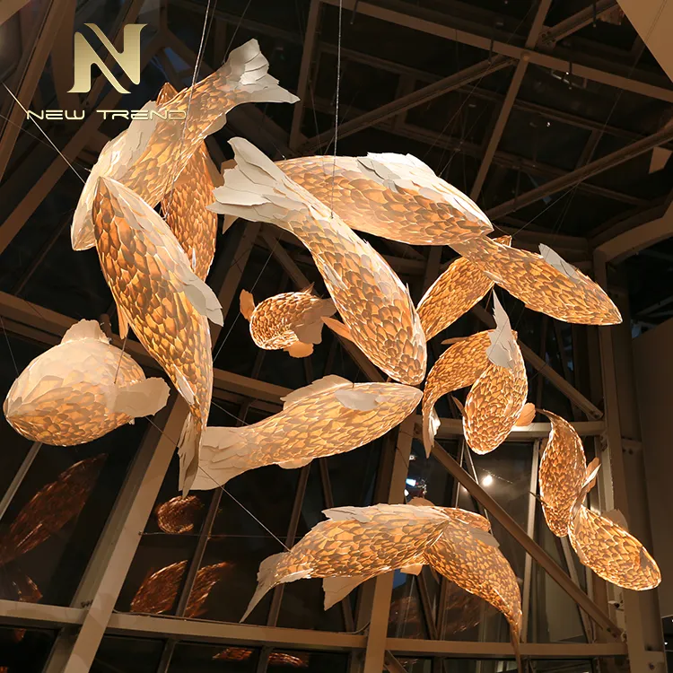 Custom Indoor Decoration LED Lighting Wooden Project Large Hotel Lobby Staircase Fish Chandelier Lamp